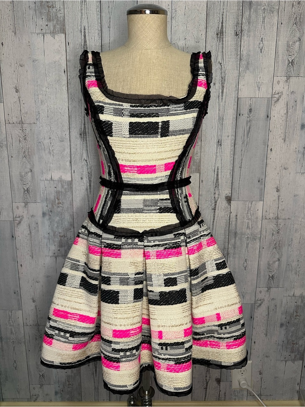 MILLY piper party dress in pink and black tweed